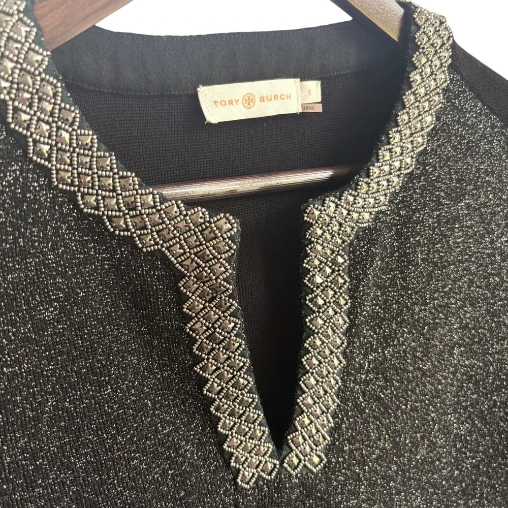 Tory Burch Merino Wool Split Neck Sweater Small Metallic Black Silver Shimmer